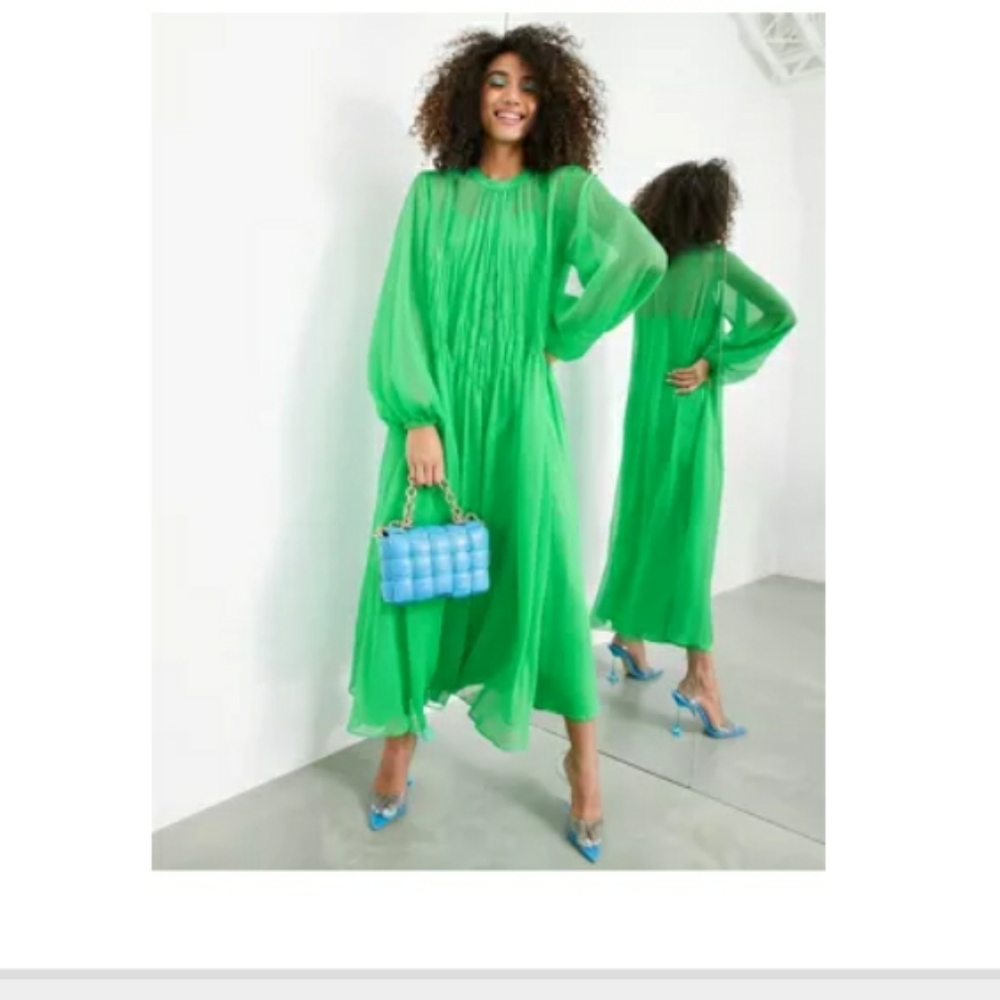 ASOS shirred front bright green chiffon maxi dress